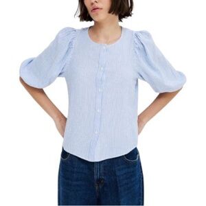 H & M Linen Blend Premium Selection Blue Striped Puff Sleeve Blouse NWT S